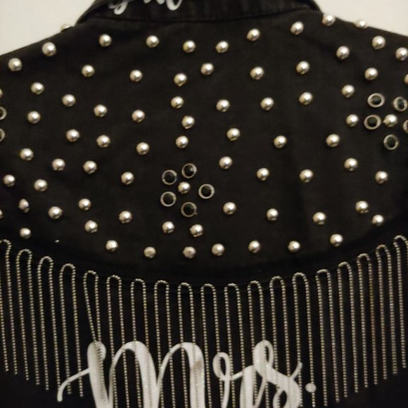 Denim Jacket Fully Studded Chain Fringe Mrs Easterling Black pockets Button down - Picture 8 of 16